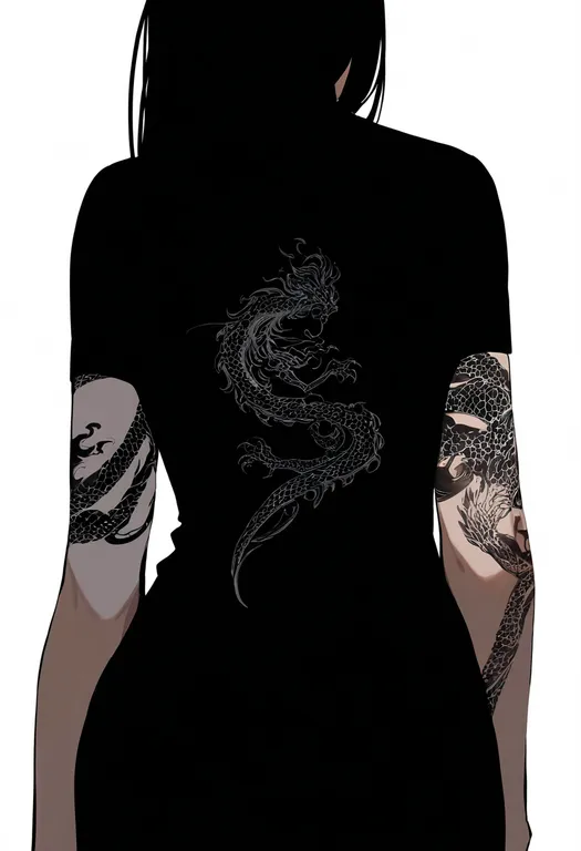 masterpiece, best quality, newest, absurdres, highres, safe, dragon_tattoo, 1girl, solo, simple_background — by k3scat, made with ComfyUI