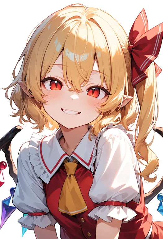 masterpiece, best quality, score_7, safe, flandre scarlet, touhou, solo, upper body, simple background — by k3scat, made with ComfyUI