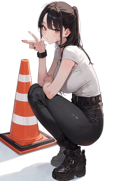 masterpiece, best quality, score_7, safe, traffic cone, 1girl, solo, simple background — by k3scat, made with ComfyUI