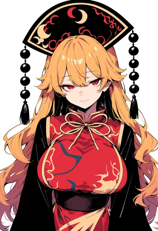 masterpiece, best quality, score_7, safe, junko (touhou), touhou, solo, upper body, simple background — by k3scat, made with ComfyUI