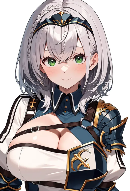 masterpiece, best quality, score_7, safe, shirogane noel (1st costume), solo, upper body, simple background — by k3scat, made with ComfyUI