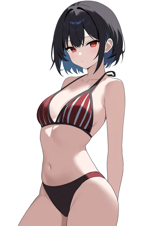 masterpiece, best quality, newest, absurdres, highres, safe, vertical-striped_bikini, 1girl, solo, simple_background — by k3scat, made with ComfyUI