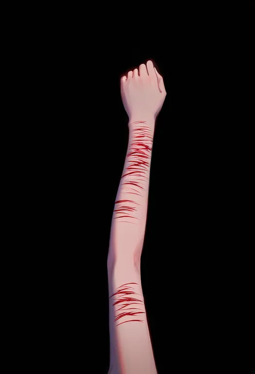 masterpiece, best quality, newest, absurdres, highres, safe, self-harm, 1girl, solo, simple_background — by k3scat, made with ComfyUI