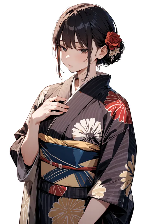 masterpiece, best quality, score_7, safe, multicolored kimono, 1girl, solo, simple background — by k3scat, made with ComfyUI