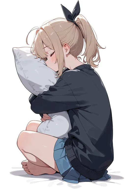 masterpiece, best quality, score_7, safe, pillow hug, 1girl, solo, simple background — by k3scat, made with ComfyUI