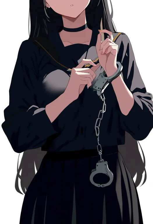 masterpiece, best quality, newest, absurdres, highres, safe, holding_handcuffs, 1girl, solo, simple_background — by k3scat, made with ComfyUI