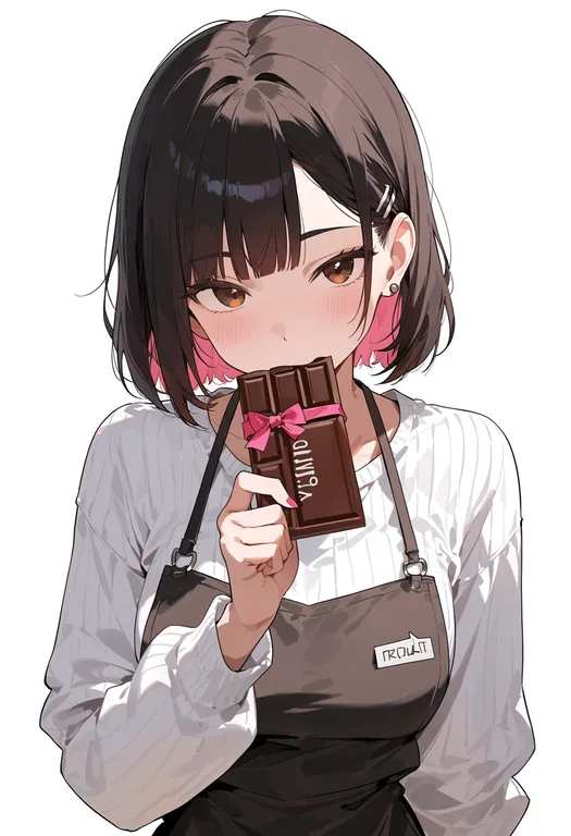 masterpiece, best quality, score_7, safe, chocolate bar, 1girl, solo, upper body, simple background — by k3scat, made with ComfyUI