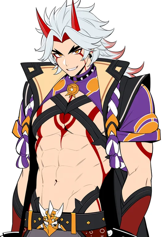 masterpiece, best quality, score_7, safe, arataki itto, solo, upper body, simple background — by k3scat, made with ComfyUI