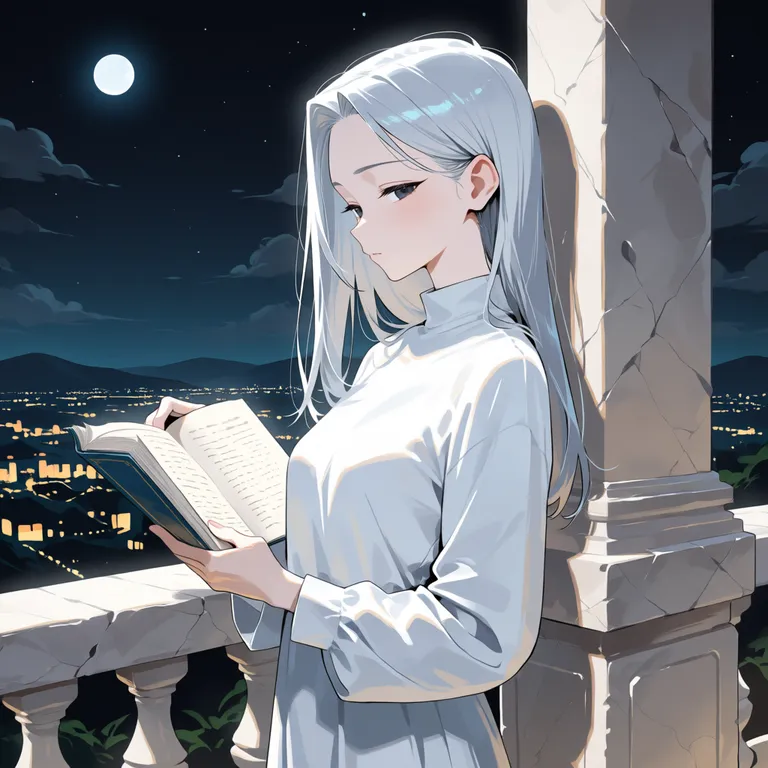 1girl, solo, sfw, quiet aloof serenity, a quiet night terrace of a hilltop villa with white marble balustrade and a… — by prime_hummingbird_21120, made with ComfyUI