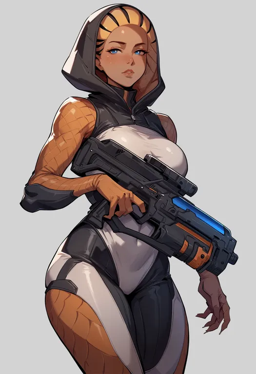 masterpiece, best quality, score_7, safe, mass effect 2, solo, simple background — by k3scat, made with ComfyUI