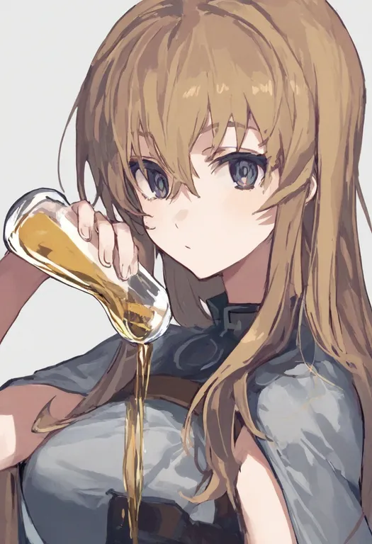 masterpiece, best quality, general, pouring onto self, 1girl, solo, simple background — by k3scat, made with ComfyUI