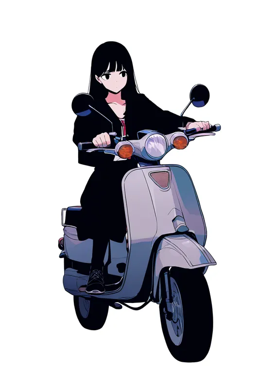 masterpiece, best quality, newest, absurdres, highres, safe, scooter, 1girl, solo, simple_background — by k3scat, made with ComfyUI