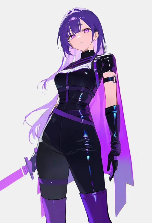 masterpiece, best quality, newest, absurdres, highres, safe, purple_boots, 1girl, solo, simple_background — by k3scat, made with ComfyUI