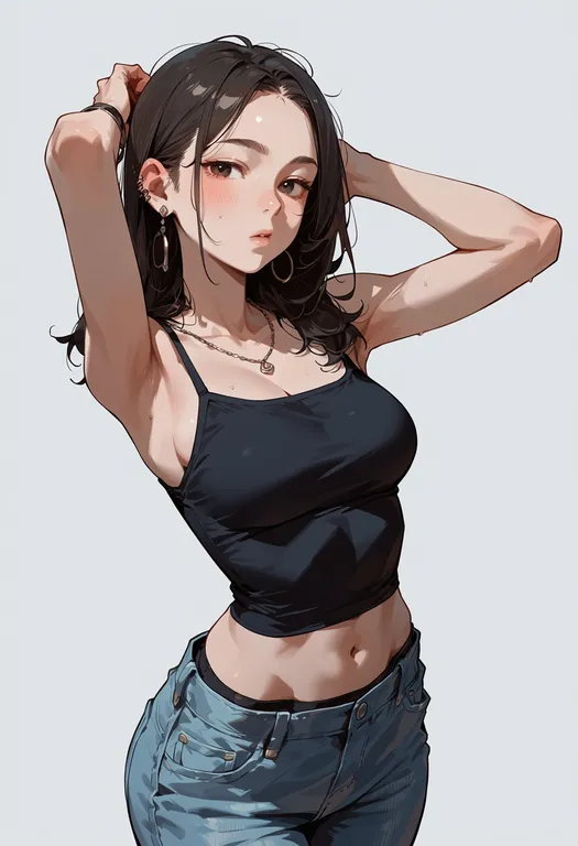 masterpiece, best quality, score_7, safe, jewelry, 1girl, solo, simple background — by k3scat, made with ComfyUI
