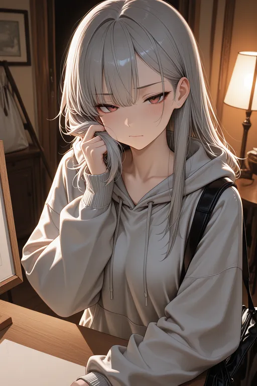 best quality, absurdres, masterpiece, nsfw, 1 chinese girl, closeup, half body, pure bg, wearing light gray loose hoodie…