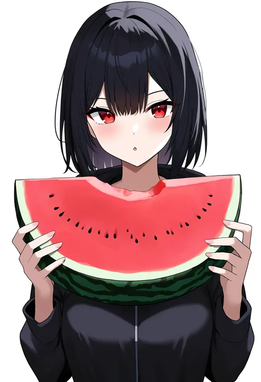 masterpiece, best quality, newest, absurdres, highres, safe, holding_watermelon, 1girl, solo, simple_background — by k3scat, made with ComfyUI