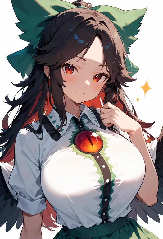 masterpiece, best quality, score_7, safe, reiuji utsuho, touhou, solo, upper body, simple background — by k3scat, made with ComfyUI