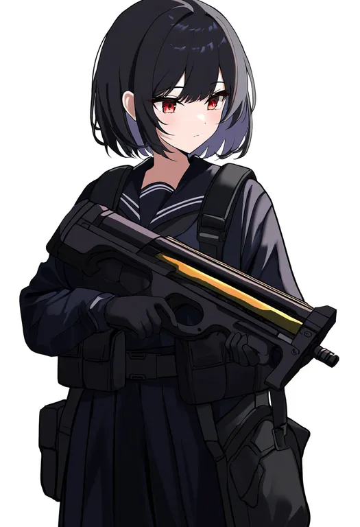 masterpiece, best quality, newest, absurdres, highres, safe, p90, 1girl, solo, simple_background — by k3scat, made with ComfyUI