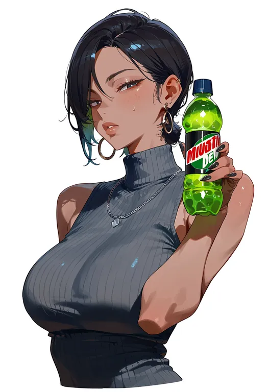 masterpiece, best quality, score_7, safe, mountain dew, solo, upper body, simple background — by k3scat, made with ComfyUI