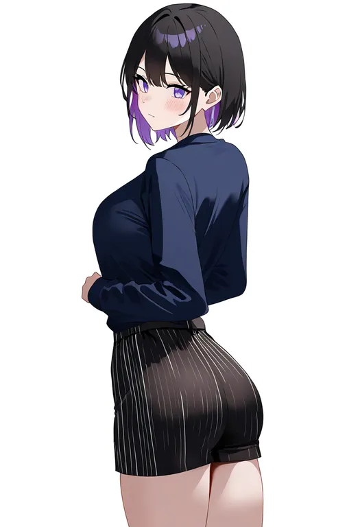 masterpiece, best quality, newest, absurdres, highres, safe, vertical-striped_shorts, 1girl, solo, simple_background — by k3scat, made with ComfyUI