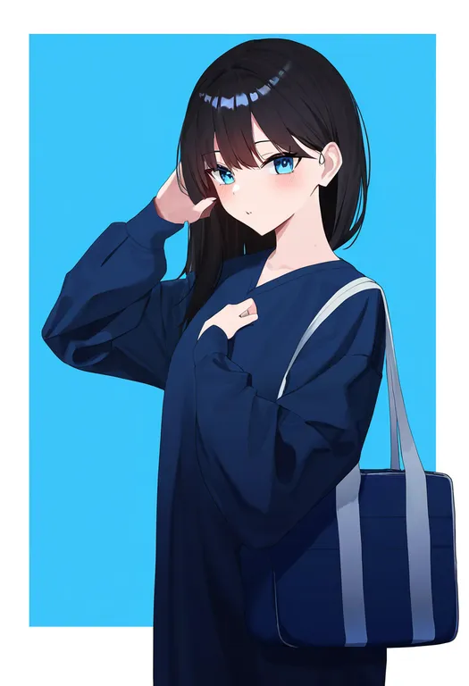 masterpiece, best quality, newest, absurdres, highres, safe, blue_bag, 1girl, solo, simple_background — by k3scat, made with ComfyUI