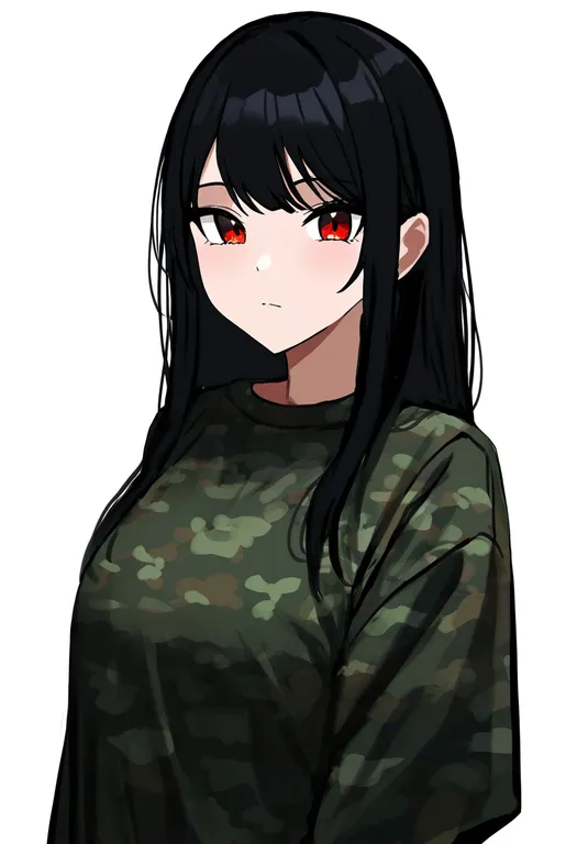 masterpiece, best quality, newest, absurdres, highres, safe, camouflage_shirt, 1girl, solo, simple_background — by k3scat, made with ComfyUI