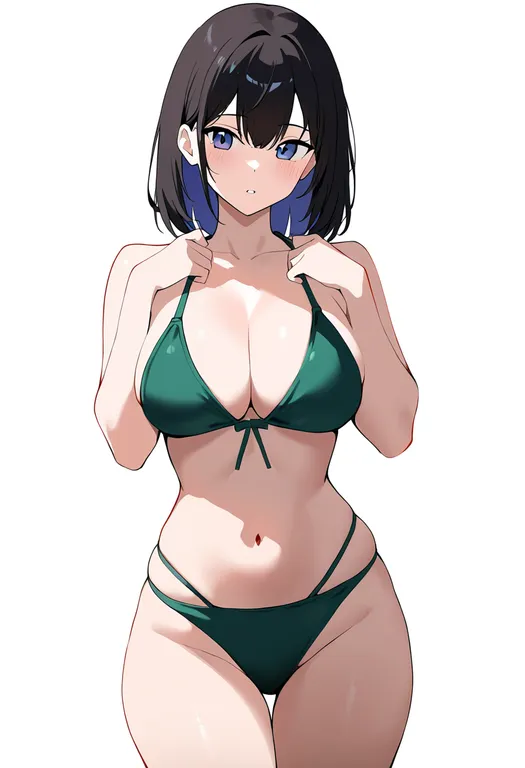 masterpiece, best quality, newest, absurdres, highres, safe, green_bikini, 1girl, solo, simple_background — by k3scat, made with ComfyUI