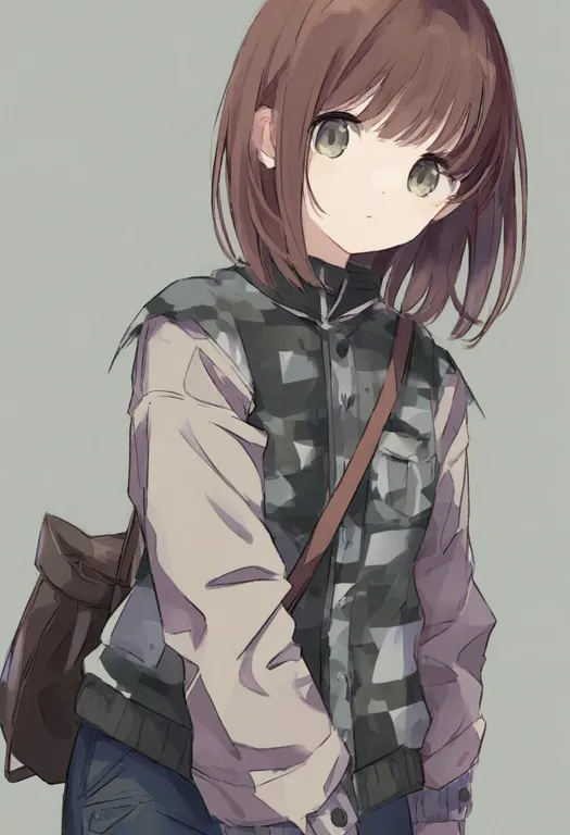 masterpiece, best quality, general, exposed pocket, 1girl, solo, simple background — by k3scat, made with ComfyUI