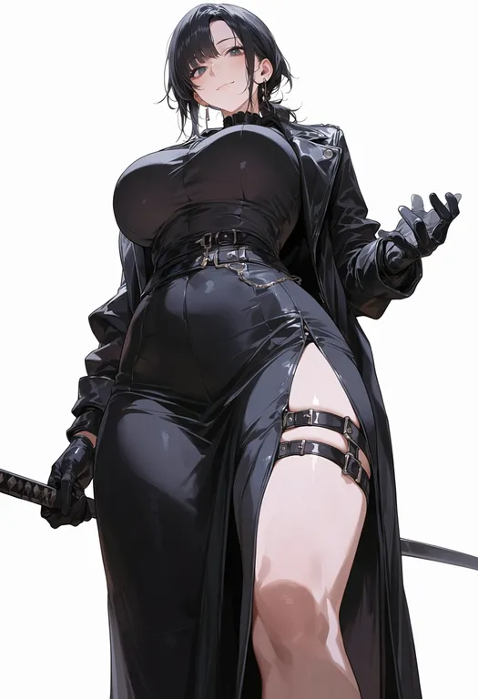 masterpiece, best quality, score_7, safe, front slit, 1girl, solo, simple background — by k3scat, made with ComfyUI
