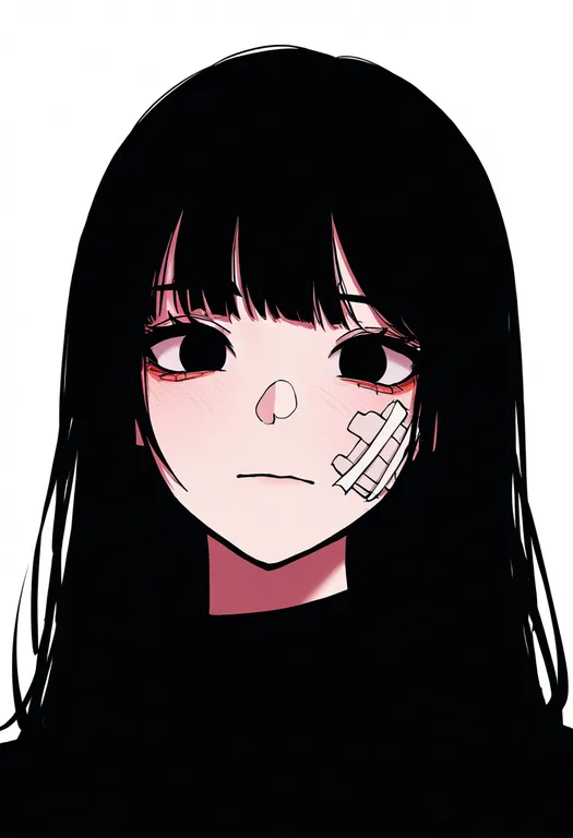 masterpiece, best quality, newest, absurdres, highres, safe, bandaid_on_face, 1girl, solo, simple_background — by k3scat, made with ComfyUI