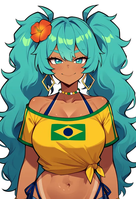 masterpiece, best quality, score_7, safe, brazilian miku, solo, upper body, simple background — by k3scat, made with ComfyUI