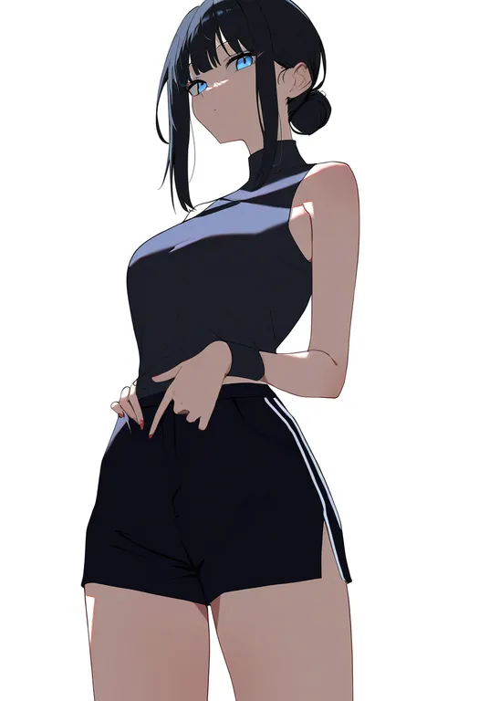 masterpiece, best quality, newest, absurdres, highres, safe, side_slit_shorts, 1girl, solo, simple_background — by k3scat, made with ComfyUI