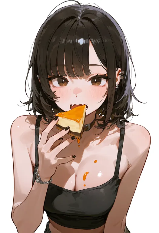 masterpiece, best quality, score_7, safe, cheesecake, 1girl, solo, upper body, simple background — by k3scat, made with ComfyUI