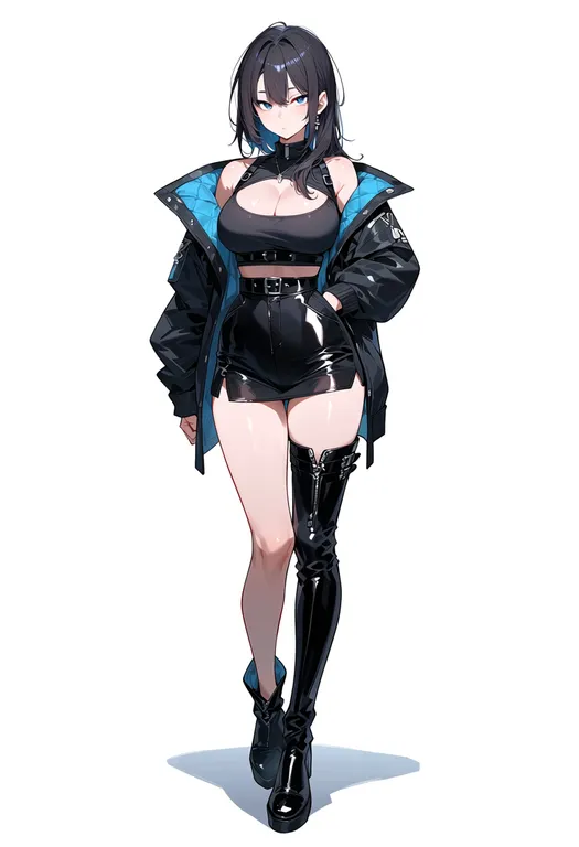 masterpiece, best quality, score_7, safe, single thigh boot, 1girl, solo, simple background — by k3scat, made with ComfyUI