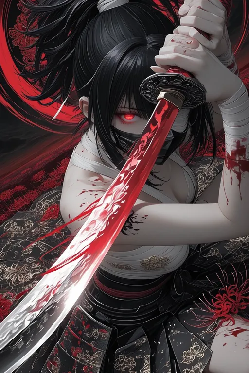 (upper half body close up:1.3), character focus, 1 samurai girl, high ponytail, long black hair, hair tied up, white ban…