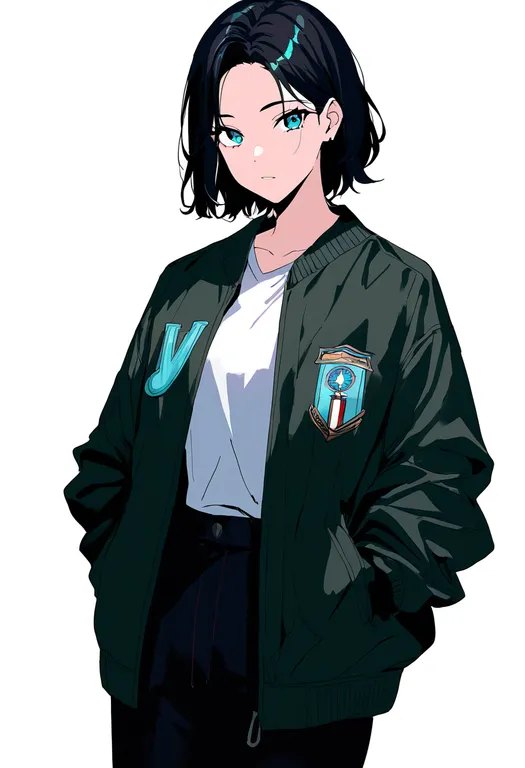 masterpiece, best quality, newest, absurdres, highres, safe, bomber_jacket, 1girl, solo, simple_background — by k3scat, made with ComfyUI