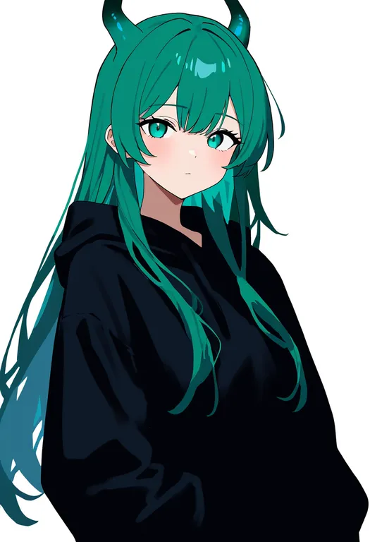 masterpiece, best quality, newest, absurdres, highres, safe, green_horns, 1girl, solo, simple_background — by k3scat, made with ComfyUI