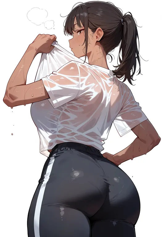 masterpiece, best quality, score_7, safe, sweaty clothes, 1girl, solo, simple background — by k3scat, made with ComfyUI