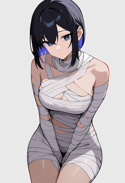 masterpiece, best quality, newest, absurdres, highres, safe, mummy_costume, 1girl, solo, simple_background — by k3scat, made with ComfyUI