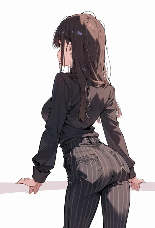 masterpiece, best quality, score_7, safe, vertical-striped pants, 1girl, solo, simple background — by k3scat, made with ComfyUI