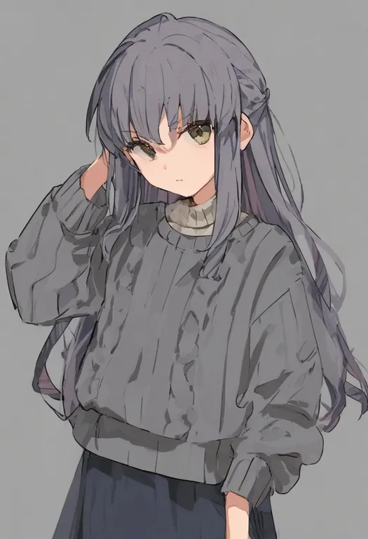 masterpiece, best quality, general, grey sweater, 1girl, solo, simple background — by k3scat, made with ComfyUI