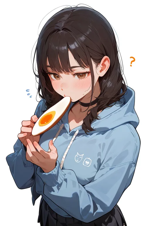 masterpiece, best quality, score_7, safe, softboiled egg, 1girl, solo, upper body, simple background — by k3scat, made with ComfyUI