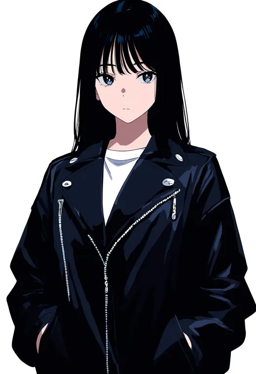 masterpiece, best quality, newest, absurdres, highres, safe, leather_jacket, 1girl, solo, simple_background — by k3scat, made with ComfyUI