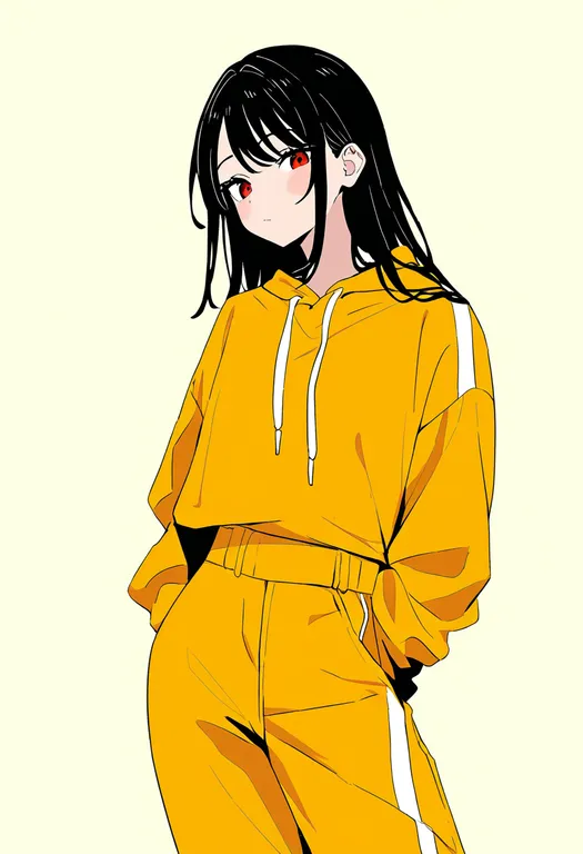 masterpiece, best quality, newest, absurdres, highres, safe, yellow_pants, 1girl, solo, simple_background — by k3scat, made with ComfyUI