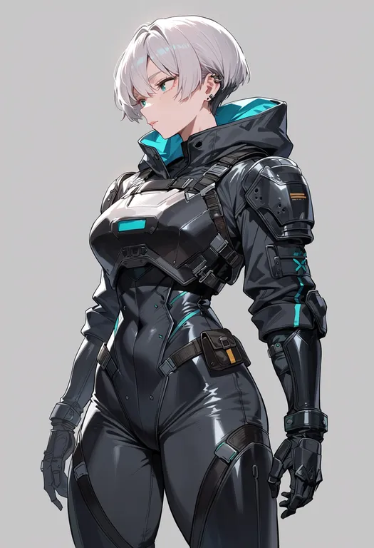 masterpiece, best quality, score_7, safe, body armor, 1girl, solo, simple background — by k3scat, made with ComfyUI