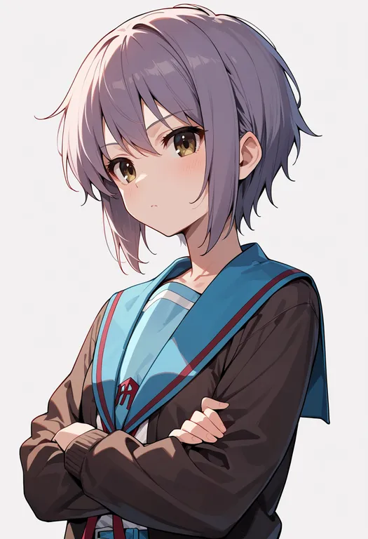 masterpiece, best quality, score_7, safe, nagato yuki, suzumiya haruhi no yuuutsu, solo, upper body, simple background — by k3scat, made with ComfyUI