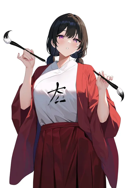 masterpiece, best quality, newest, absurdres, highres, safe, holding_calligraphy_brush, 1girl, solo, simple_background — by k3scat, made with ComfyUI