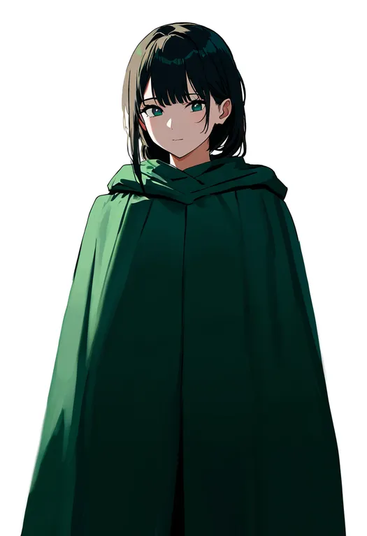 masterpiece, best quality, newest, absurdres, highres, safe, green_cape, 1girl, solo, simple_background — by k3scat, made with ComfyUI