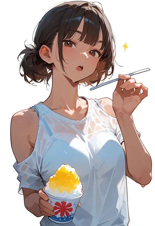 masterpiece, best quality, score_7, safe, shaved ice, 1girl, solo, upper body, simple background — by k3scat, made with ComfyUI