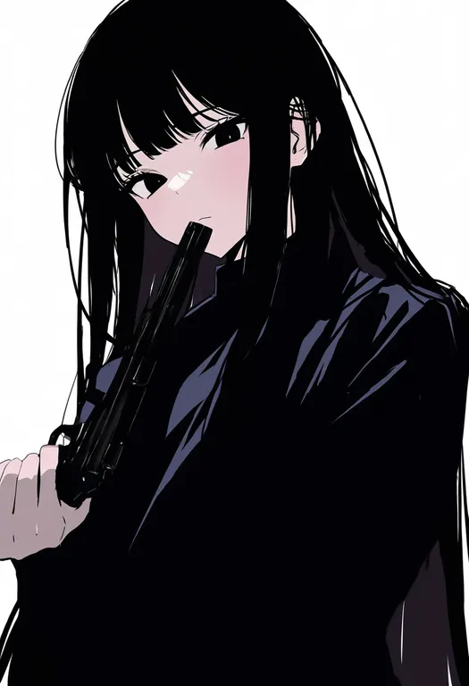 masterpiece, best quality, newest, absurdres, highres, safe, handgun, 1girl, solo, simple_background — by k3scat, made with ComfyUI